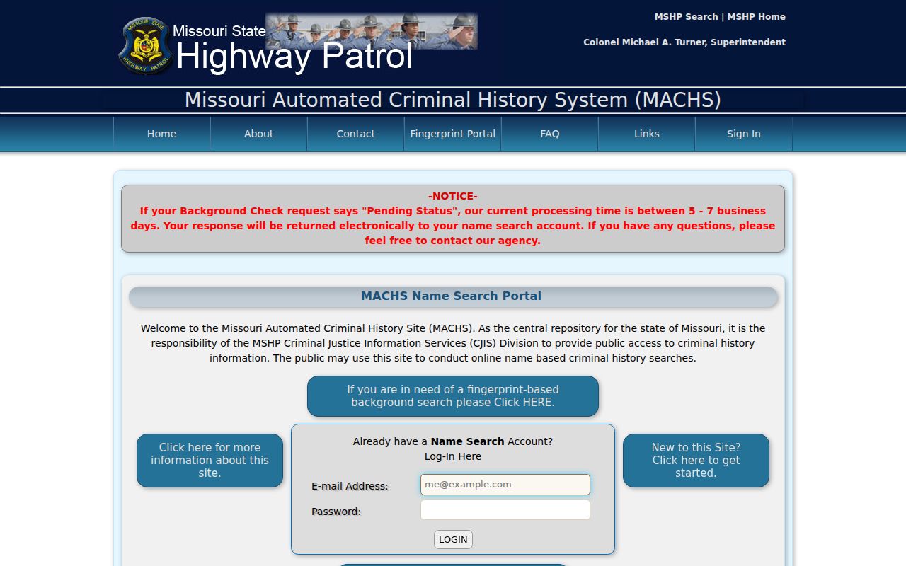 MACHS portal for a Moniteau County criminal history search