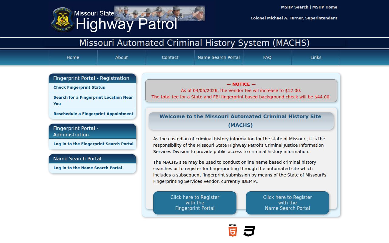 Fingerprint channel related to Moniteau County court record verification