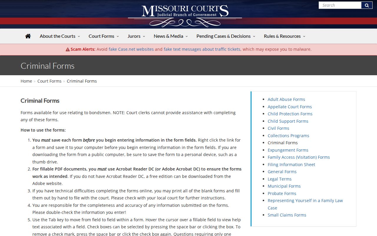 Missouri judiciary forms for Moniteau County court records and expungement