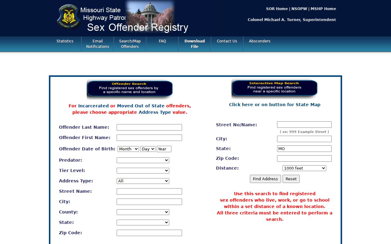 Official registry interface for a Moniteau County sex offender lookup